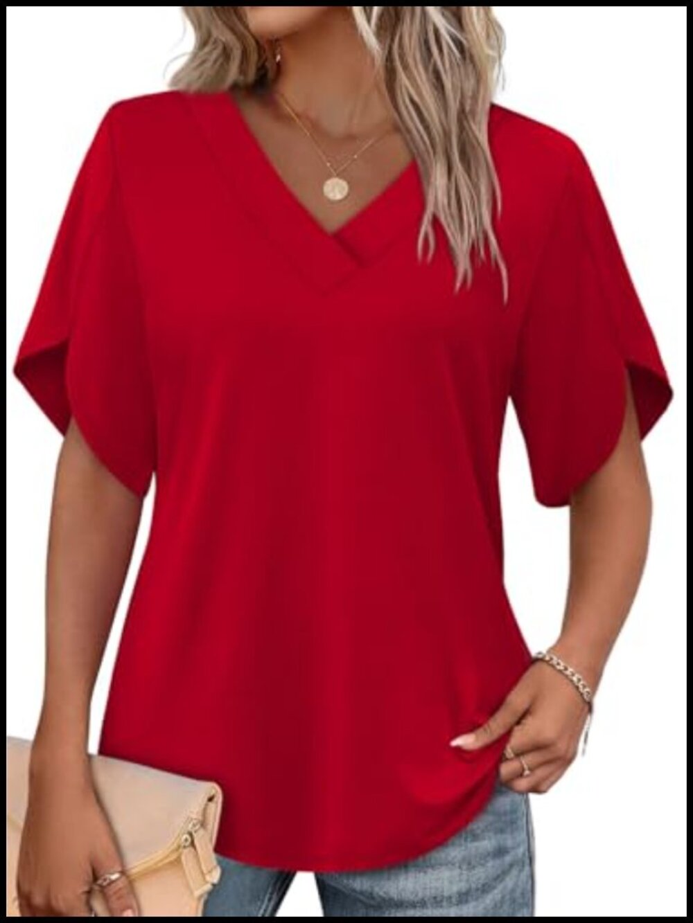 Womens Summer Top Split Petal Sleeve V Neck Blouse Loose Fit Casual